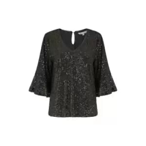 Yumi Black Sequin Top With Fluted Sleeve - Black