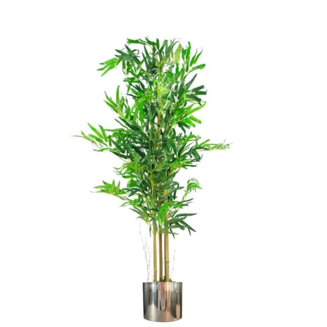 Leaf 120cm (4ft) Realistic Artificial Bamboo Plants Trees with Silver Metal Planter Green