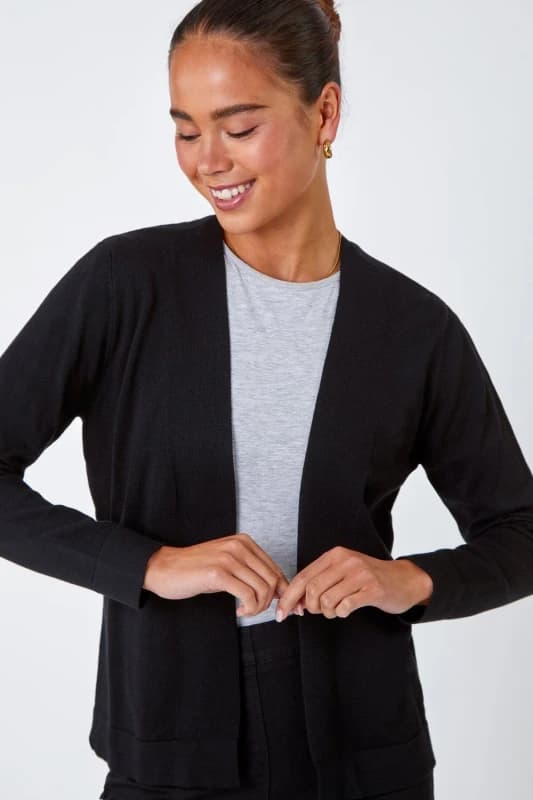 Roman Womens Petite Plain Stretch Cardigan in Black Size: 10 Black Female 10