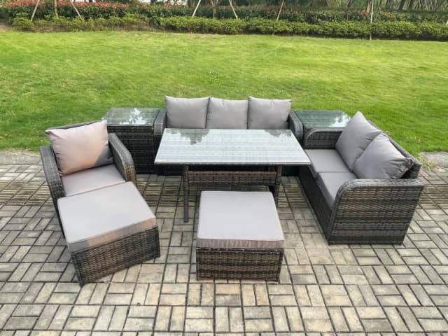 Fimous 8 Piece Rattan Garden Furniture Set with Patio Sofa Rectangular Dining Table 2 Side Tables 2 Big Footstool Indoor Conservatory Patio Set Dark G