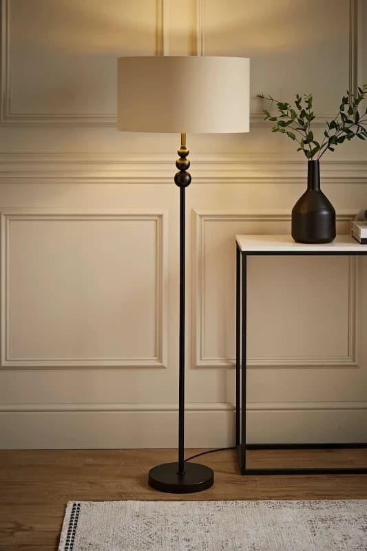 ValueLights Marissa Beige and Metallic Gold Shade with Black Stacked Ball Floor Lamp Beige