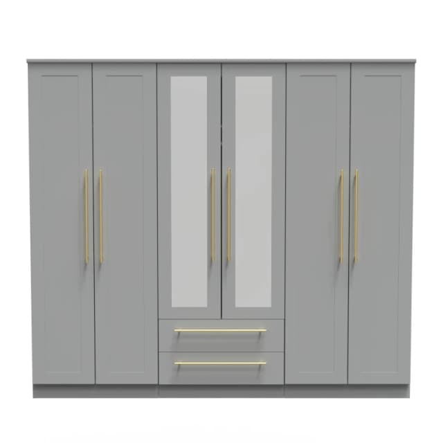 Helmsley Tall 6 Door 2 Drawer 2 Mirror Wardrobe In Dusk Grey (Ready Assembled)