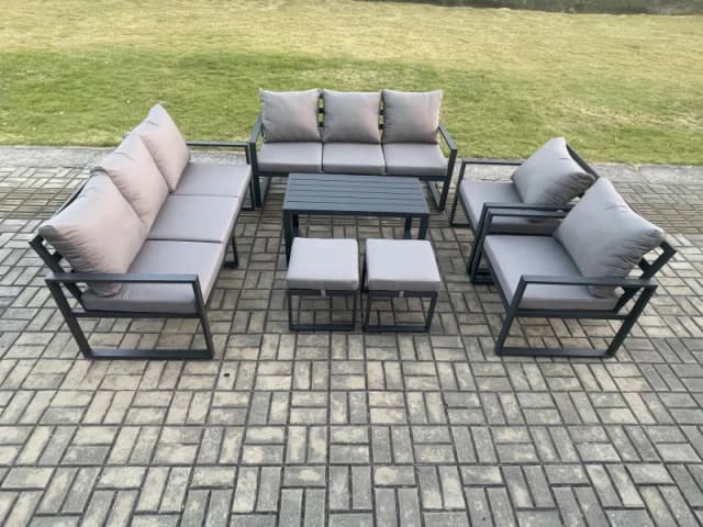 Fimous Aluminium Outdoor Garden Furniture Lounge Sofa 2 PC Chairs Oblong Coffee Table Sets with 2 Small Footstool Dark Grey Dark Grey Unisex