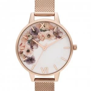 Olivia Burton Watercolour Floral Mesh Strap Watch - Rose Gold