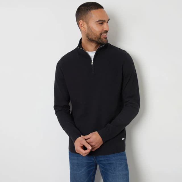 Threadbare Basket Stitch Mock T-Shirt Quarter Zip Jumper Black