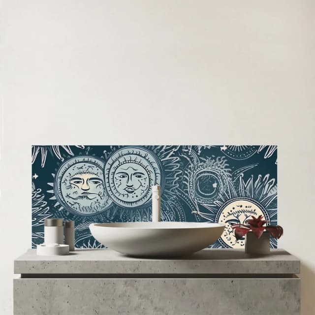 Warren Reed - Designer Silver Blue Moon & Stars Glass Bathroom Splashback Blue Unisex