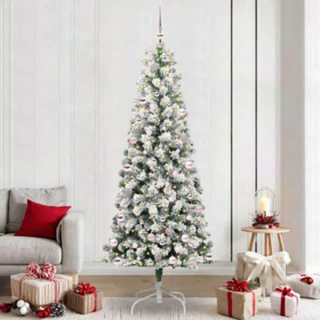 vidaXL Artificial Hinged Christmas Tree with Pink Balls Green and white 240 cm, Green 3395615