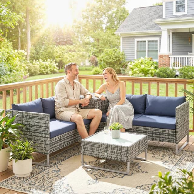 OUTSUNNY Rattan Garden Furniture Set with Storage Table, Cushions, Dark Blue Dark Blue Unisex