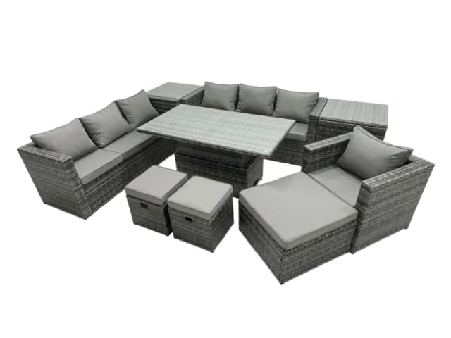 Fimous Rattan Lounge Sofa Rising Dining Table Set & 2 Side Tables 3 Footstool in Dark Grey Dark Grey Unisex