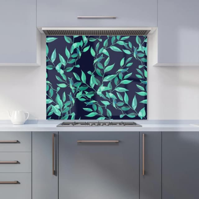 Warren Reed - Designer Delicate Green Foliage Kitchen Splashback in Blue Size: 600mm x 750mm Blue Unisex 600mm x 750mm