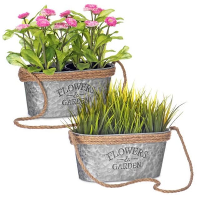 LIVIVO Floral Hanging Plant Pot with Hessian Rope, Set of 2 Silver