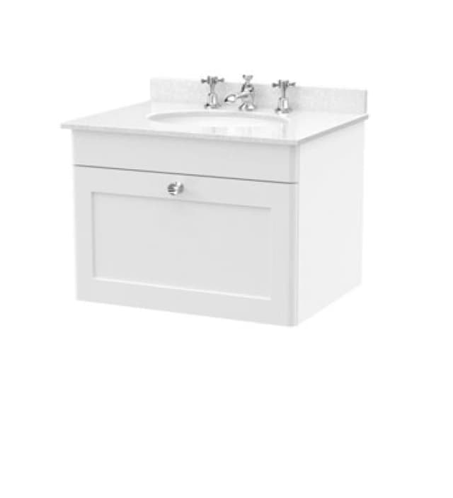Nuie Classique Wall Hung 1 Drawer Vanity Unit & 3 Tap Hole White Marble Top With Oval Basin, Stylish Sink Vanity Unit In Satin