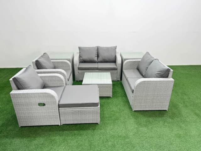 Fimous 7 Seater Outdoor Reclining Chair Love Sofa Set Rattan Garden Furniture Set with Square Coffee Table Footstool 2 Side Tables Light Grey Light Gr