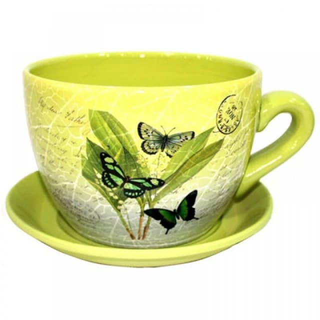 Gr8 Garden Giant Green Butterfly Leaf Design Tea Cup And Saucer Planter Jumbo Plant Pot Tub