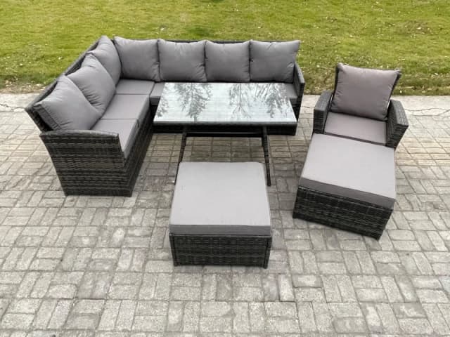 Fimous Rattan Garden Furniture Corner Sofa Set with Oblong Dining Table Footstool Armchair Outdoor Wicker Rattan Set in Dark Grey Dark Grey Unisex
