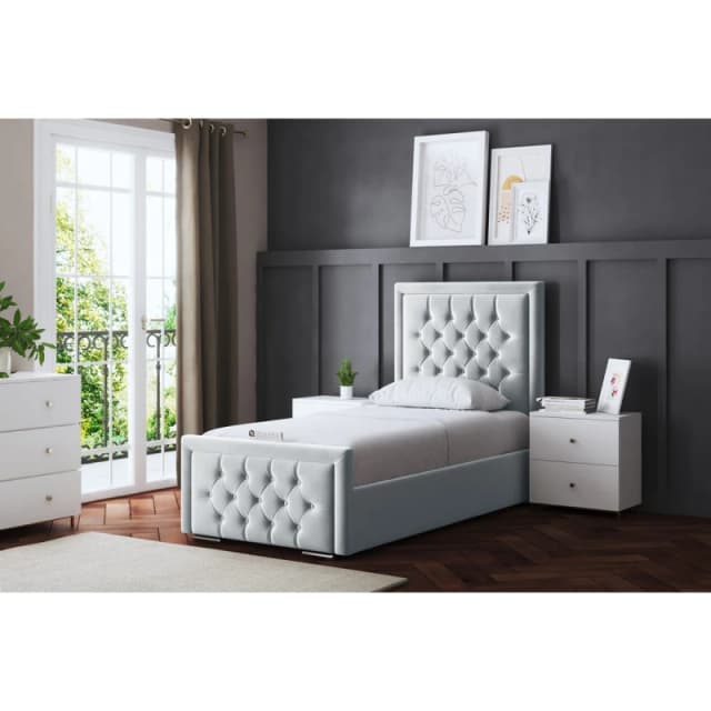 DS LIVING Allegra Silver Upholstered Bed With Ottoman Metal Gas Lift Small Single AM_HILTONOB_SSIN_SIL