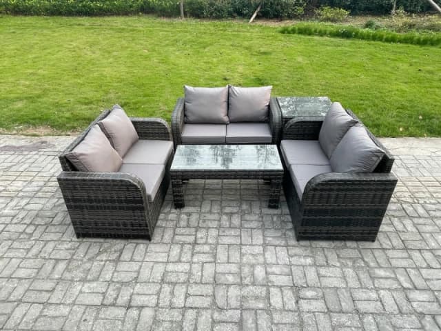 Fimous Rattan Garden Furniture Set 6 Seater Indoor Outdoor Patio Sofa Set with Coffee Table Loveseat Sofa Side Table Dark Grey Mixed Dark Grey