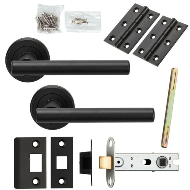 Loops Door Handle & Latch Pack Matt Black Straight T Bar Lever Screwless Round Rose Black