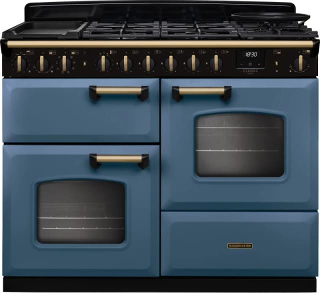 Rangemaster Classic Deluxe 110 CLDLO110DFPSTB/AB1 110cm wide Dual Fuel Range Cooker with Gas Hob - Stone Blue / Chrome - A Rated