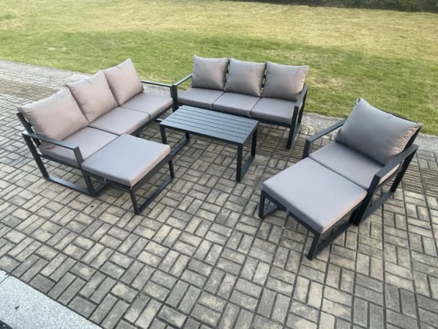 Fimous Aluminium 6 Pieces Garden Furniture Set with Cushions 9 Seater Outdoor Patio Lounge Sofa Set with Armchair 2 Big Footstools in Dark Grey Dark G