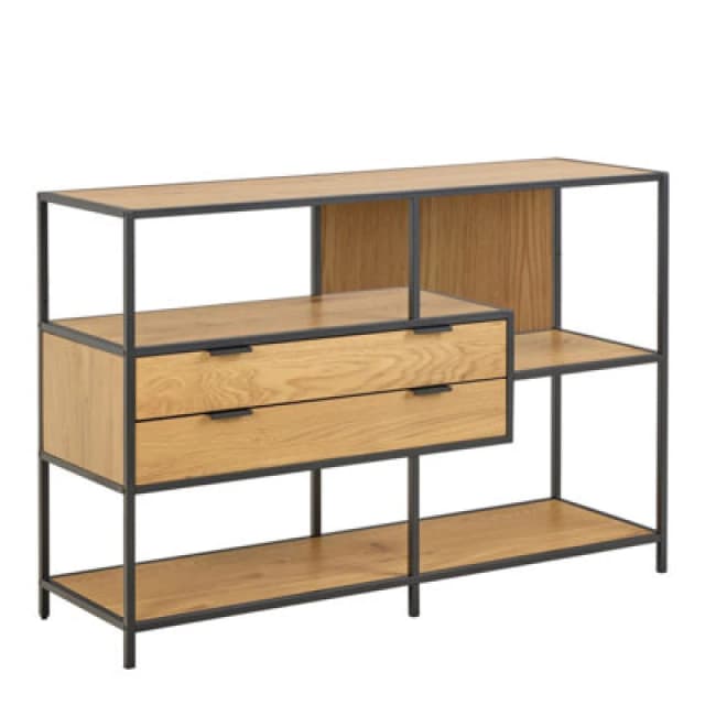 Furniture To Go Seaford Wide Oak Metal Bookcase 2 Drawers And 3 Shelves In Matt Wild Oak