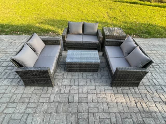 Fimous Dark Grey 6 Seater Outdoor Rattan Garden Furniture Set Patio Love Sofa Rectangular Coffee Table Set with Side Table Dark Grey Unisex