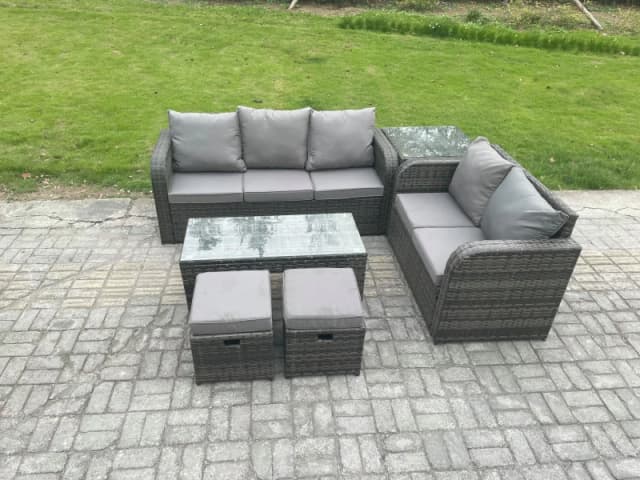 Fimous Outdoor Rattan Garden Furniture Set Patio Lounge Sofa Set with Coffee Table Side Table 2 Footstools Dark Grey Mixed Dark Grey