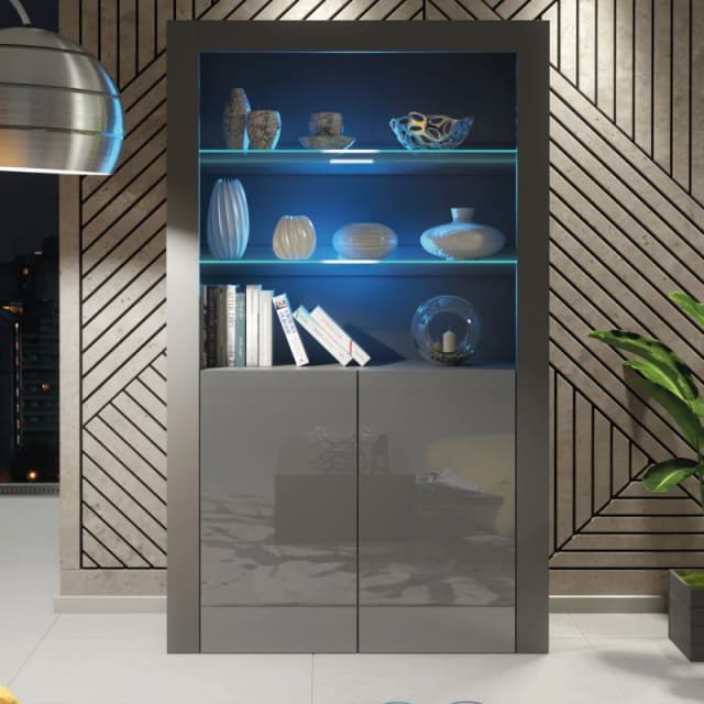Creative Furniture Spectrum Display Cabinet 170cm - A Contemporary and Spacious Cabinet with Glass Shelves and LED Lights Dark Grey