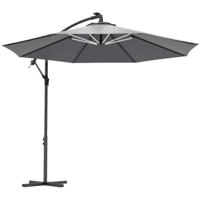 Outsunny 3(m) LED Patio Banana Umbrella Cantilever Parasol W/ Crank, Grey 84D-066V01GY