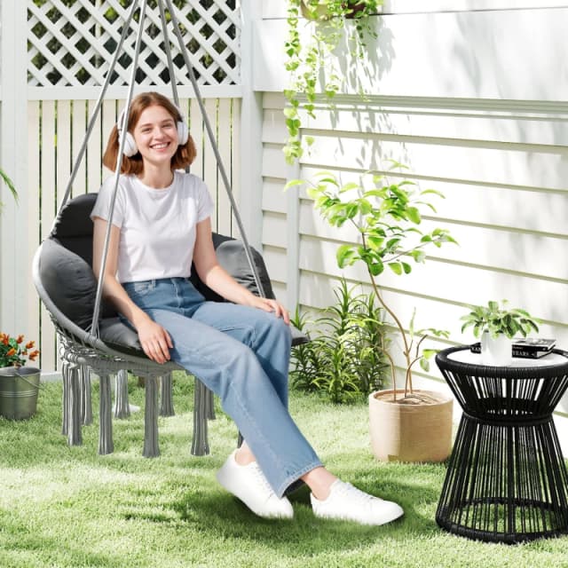 Outsunny Hammock Chair, Boho Hanging Swing Chair with Cushion, Dark Grey Dark Grey