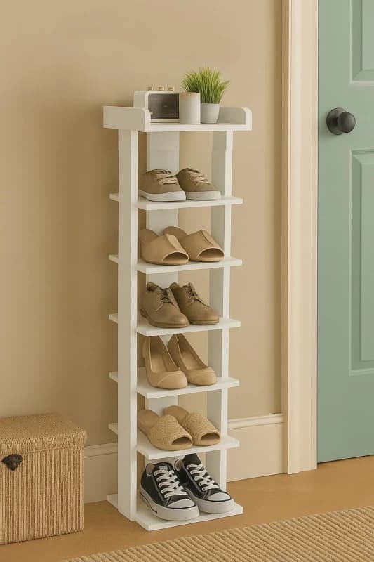 Neo 7 Tier Slim Wooden Shoe Rack Storage in White White Unisex