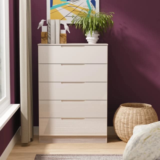 Cannes Ready Assembled 5 Drawer Chest in Kashmir Gloss & Grey Oak - Welcome Furniture TJ Hughes 5056812217438
