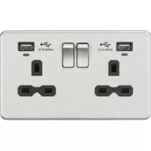 MLA Knightsbridge 13A 2 Gang Socket Dual USB (2.4A) W/LED Charge Indicators Brushed Chrome W/Black Insert - SFR9904NBC