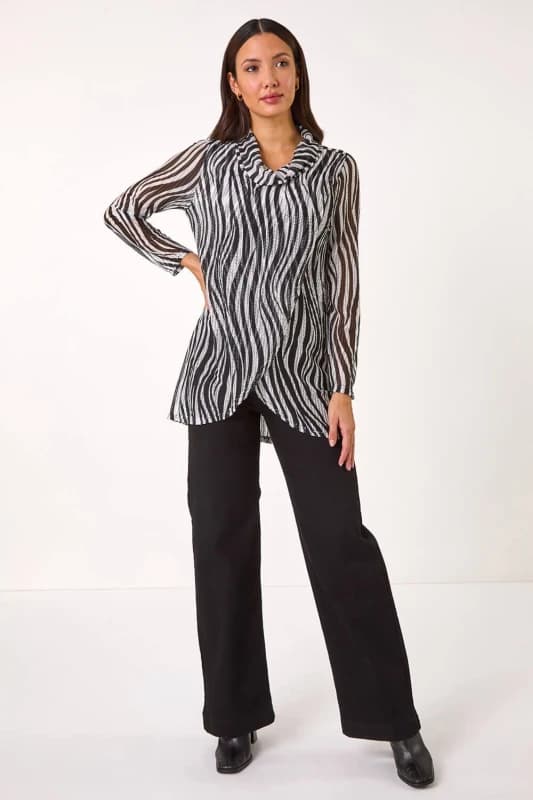 Roman Womens Wavy Linear Print Cowl Neck Tunic in Black Size: 16 Black Female 16