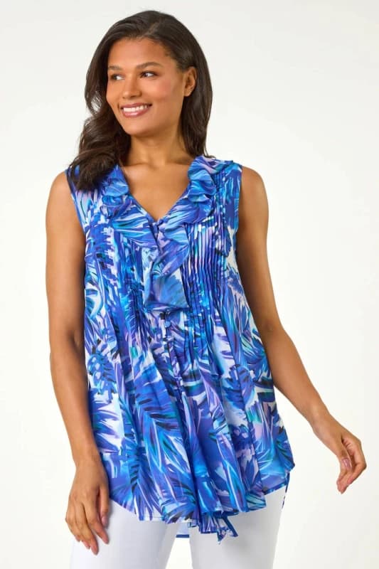 Roman Womens Leaf Print Ruffle Front Buttoned Blouse in Blue Size: 16 Blue Female 16