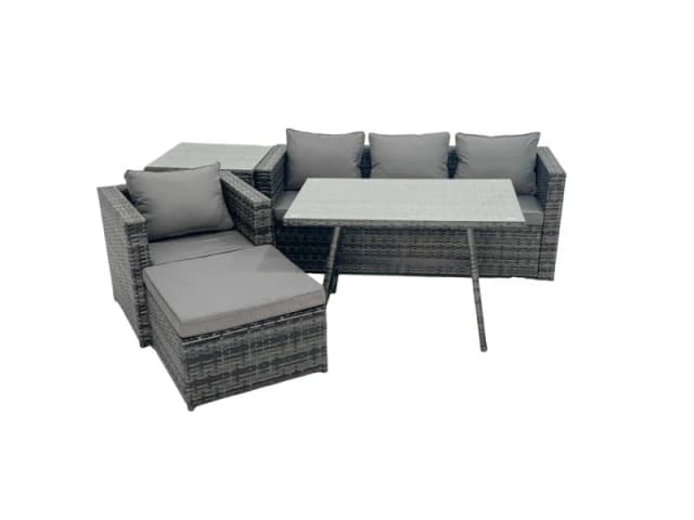 Fimous Rattan Dining Table Sofa Set with Side Table Big Footstool Outdoor in Dark Grey Dark Grey Unisex