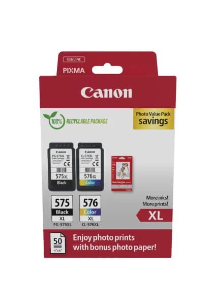 Canon PG-575XL/CL-576XL High Capacity 2 Ink Cartridge & Photo Paper Value Pack - 5437C006 (Original)