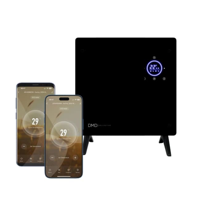 DMD Collective Smart WiFi Glass Panel Heater Touch Screen 1000W Freestanding & Free Wall Brackets in Black Unisex