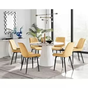Furniture Box Palma White Marble Effect Round Dining Table and 6 Mustard Pesaro Black Leg Chairs