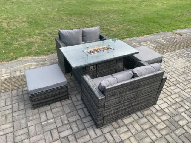 Fimous Rattan Garden Furniture Set with Gas Fire Pit Table 5 Pieces Indoor Outdoor Loveseat Sofa Set Dark Grey Mixed Dark Grey