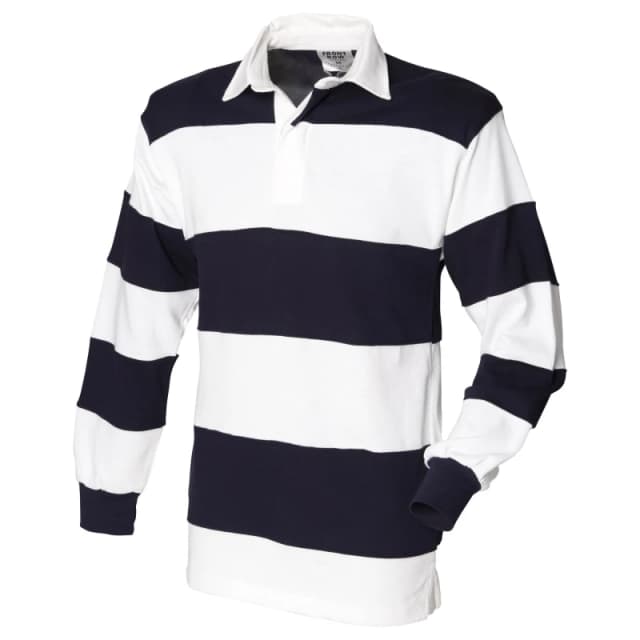 Front Row Mens Sewn Stripe Long Sleeve Sports Rugby Polo Shirt in White Size: Small White Male S
