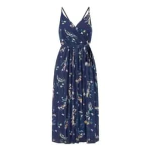 Yumi Navy Botanical Bird Print Midi Dress - Blue