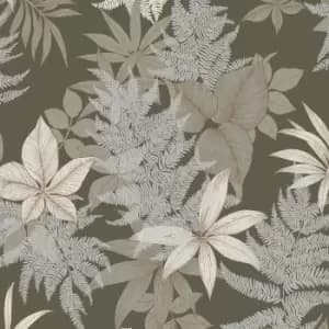 Grandeco Floral Field Fern Textured Khaki Green Wallpaper