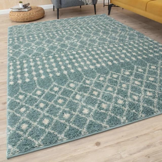 THE RUGS Soft Moroccan Diamond Shaggy Rugs & Runners Duck Egg Blue Living Room Size: 180cm x 270cm Duck Egg Blue Unisex 180cm x 270 cm