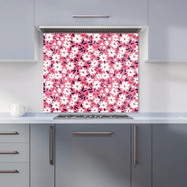 Warren Reed - Designer Small Cute White Flower Pattern Kitchen Splashback in Pink Size: 600mm x 650mm Pink Unisex 600mm x 650mm