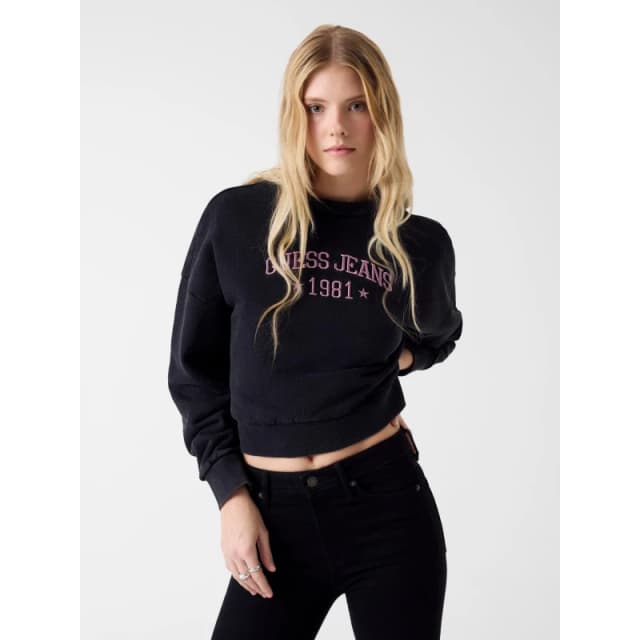 Guess Womens Star Cropped Crew Sweatshirt Jet Black female 10 (S)