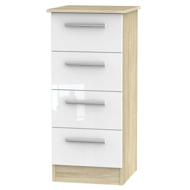 Trent 4 Drawer Tallboy In White & Bardolino Oak (Ready Assembled)