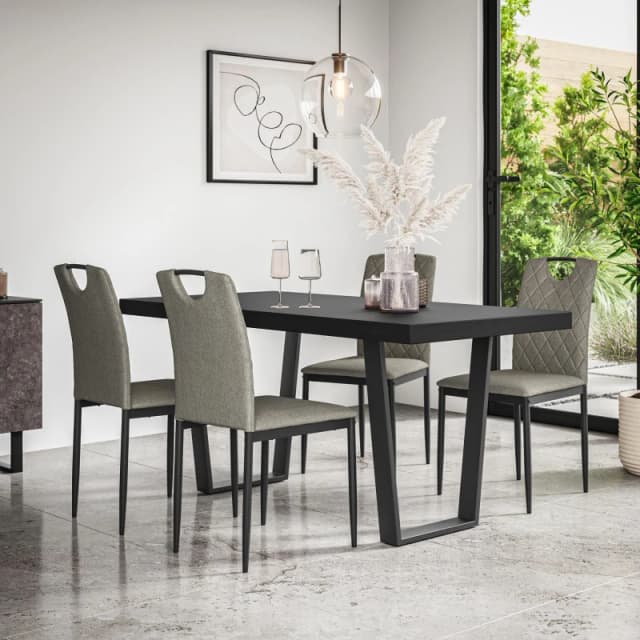 More4Homes Aria Dining Table And Chairs - Black Table Top W Black Legs + Monza Linen Dining Chair Set Of 4 (Grey)