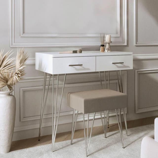 CARME Home Olivia Dressing Table And Stool Set - 2 Large Drawers Padded Stool Metal Legs White DT050-SET 2 WH