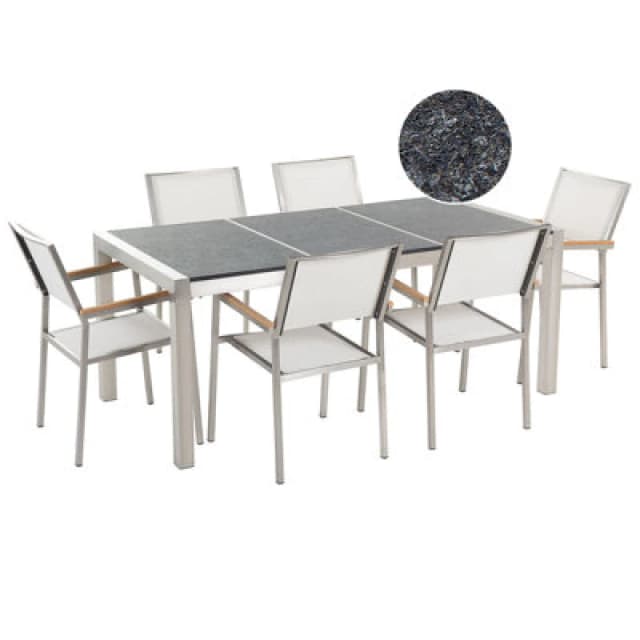 Beliani Garden Dining Set 6 Seater Grosseto Triple Plate Basalt Flamed Black/ White